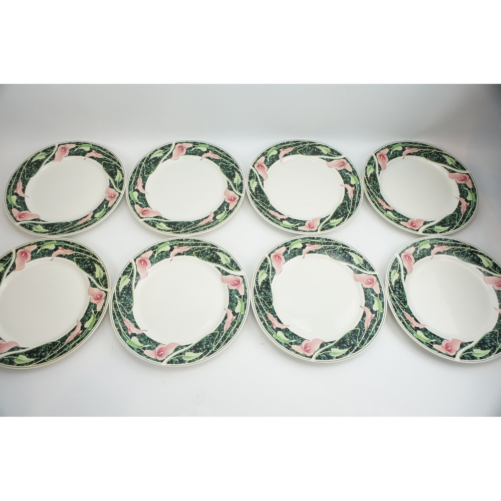 Gibson Dinner Plates 8pc Pink Calla Lily Trumps Green Marble Rim China Good